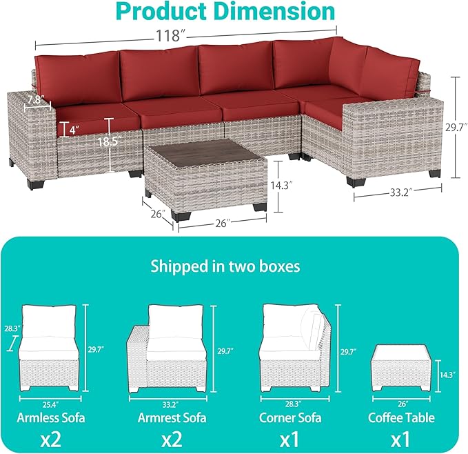 6-Piece Outdoor Patio Furniture Set Wicker Sectional Sofa Set, Patio Conversation Set with Thickened Cushions & Chunky Arms Coffee Table for Garden, Backyard, Poolside, Red