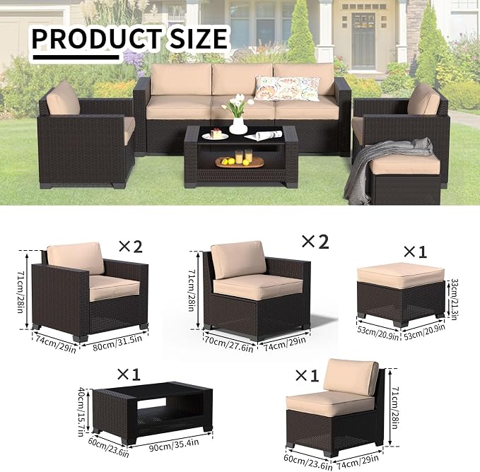 SHGJ&SOFT 7 Piece Outdoor Patio Furniture Set, Wicker Outdoor Sectional Sofa with Washable Cushion Covers and Tempered Glass Table, Rattan Conversation Set for Poolside,Balcony, Porch,Garden