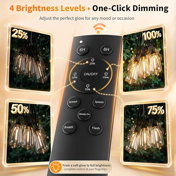 Hotsonic Remote Control Outdoor String Lights Waterproof, 100FT LED Outside Lights with Shatterproof Bulbs, Dimmable Hanging Light 3 Modes for Patio Porch Garden pergola Yard House Bistro Party decors