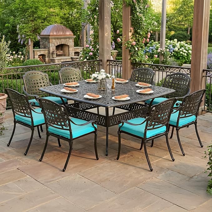 VIVIJASON 9-Piece Outdoor Dining Set, Cast Aluminum Retro Patio Furniture Table and Chairs Set for 8, Include Large 64" Square Dining Table and 8 Cushioned Chairs with Umbrella Hole, Ocean Blue
