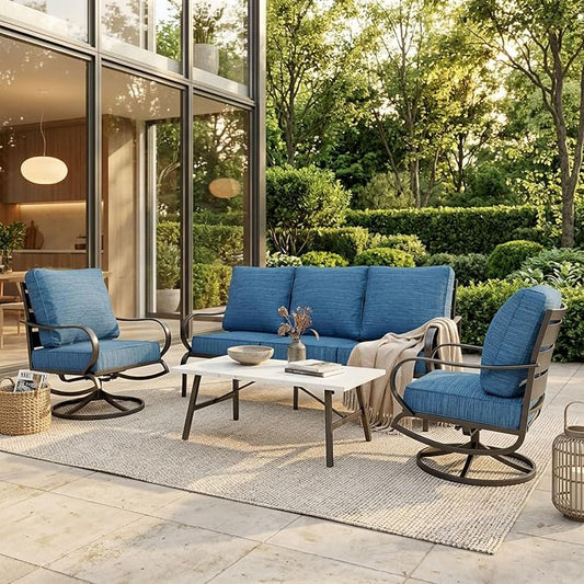 MFSTUDIO 4 Pieces Patio Conversation Sets(5 Seat),Outdoor Metal Furniture Sofas with 1 Loveseat(3 Seat), 2 Swivel Chairs,1 Coffee Table,Wrought Iron with Peacock Blue Cushion