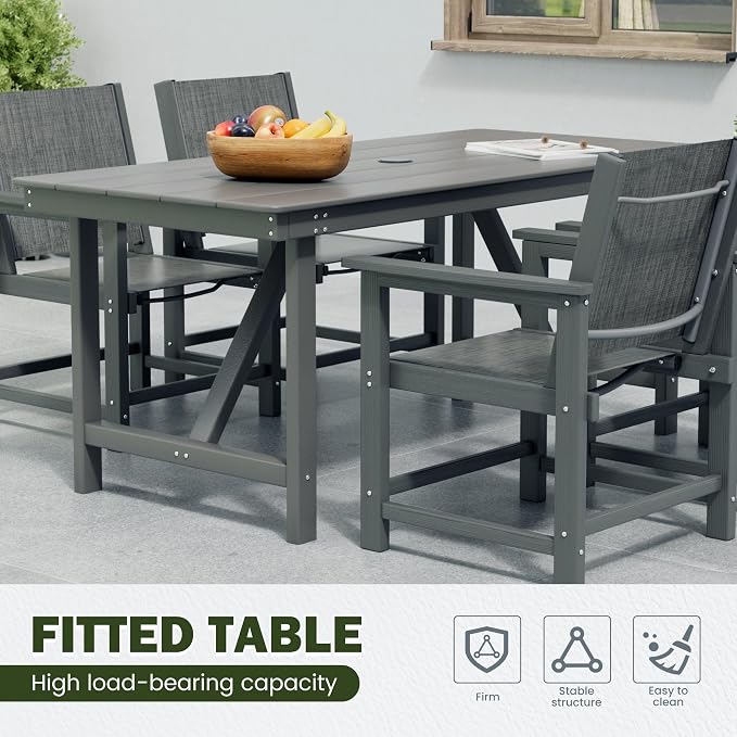 5 Piece HDPE Outdoor Furniture Patio Dining Set, All-Weather Table and Chair Sets with Umbrella Hole Outdoor Dining Table Sets of 4 Textilene Fabric Patio Chairs for Backyard,Poolside,Garden,Deck