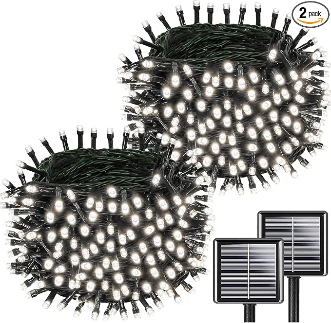 KAQ 2pack 200LED Solar String Lights Outdoor Waterproof Cool White | Total 66FT Flexible Wire With Bright LEDs, 8 Twinkle Modes with Memory, Auto On/Off Easily Decorates Trees, Fences, Garden