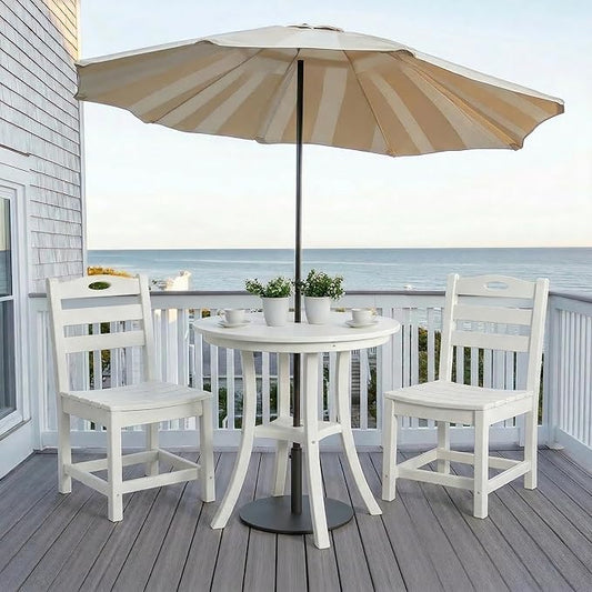 3-Piece Outdoor Round Table Set with Unberalla Hold, Patio Bistro Dining Set, Round Dining Table with 2 Slatted Chairs HDPE All Weather Balcony, Lawn, Poolside White
