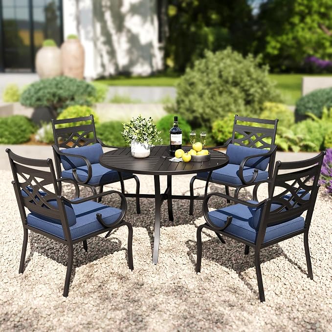 PHI VILLA Patio Dining Set, Round Metal Table | Metal chairs, Blue, Umbrella Hole, Cushions, E-coated