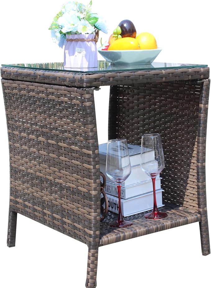IRONORA Outdoor Wicker Side Table Patio Side Tables for Outside, Tempered Glass Top Wicker Table with Storage End Table for Balcony Porch Deck