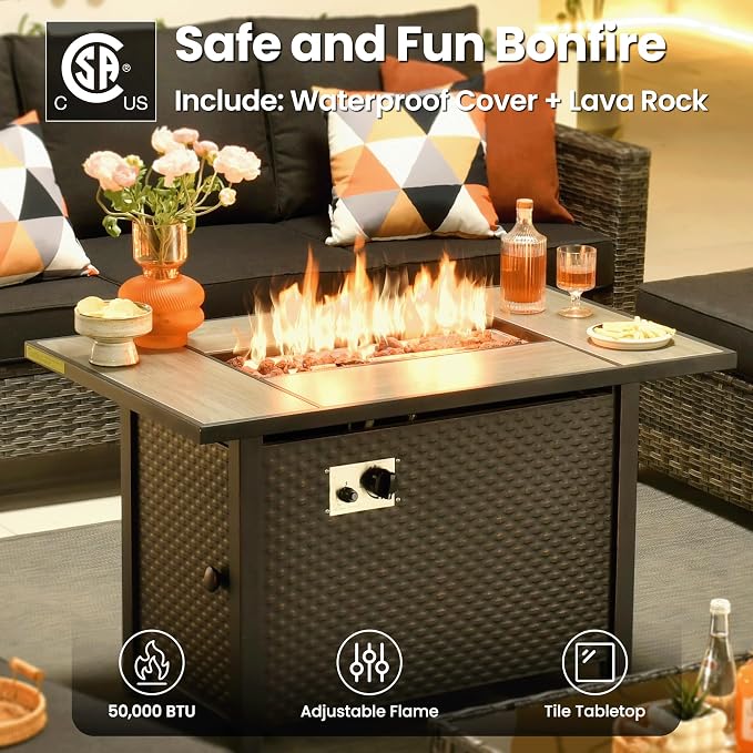 ovios 7 Pieces Patio Furniture Set, Outdoor Wicker Sofa Couch with Swivel Glider Chairs Fire Pit Table, Modern Deep Seat Rattan Conversation Sets for Deck Porch, Black