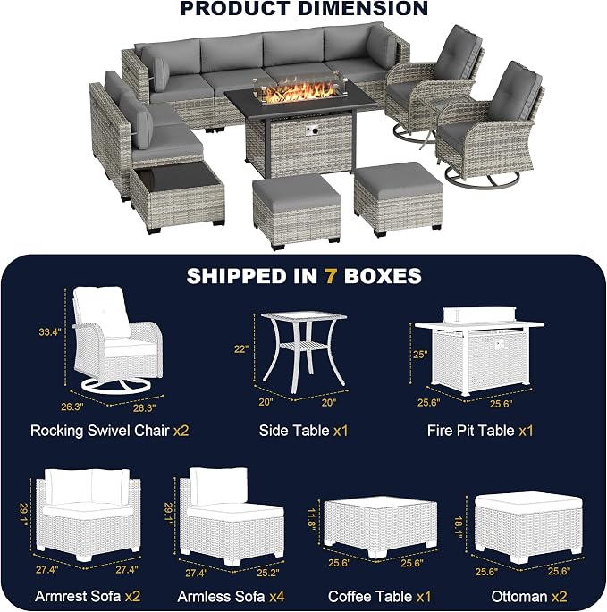 13-Piece Outdoor Patio Furniture Set with Rocking Swivel Chair, Wicker Rattan Sectional Sofa Conversation Set with 55,000 BTU Fire Pit Table with Ottomans, Backyard Furniture, Grey