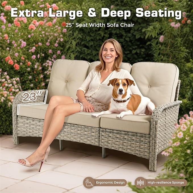 8-Piece Outdoor Patio Furniture Set with Fire Pit Table,All Weather Wicker Rattan Patio Seating Sofa and Chair Set with Ottomans,Outdoor Conversation Sets w/ 3 Seater Couch for Porch Deck Yard,Beige