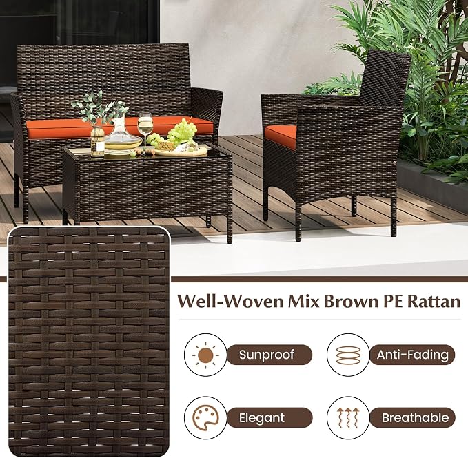 4 Piece Patio Furniture Set, Sectional Conversation Sofa Set with Glass Coffee Table, Cushions & Loveseat, Wicker Outdoor Table and Chairs for Pool, Garden, Deck, Backyard (1, Orange)