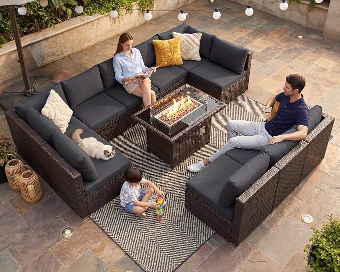 NICESOUL 11 Piece Outdoor Furniture Set with Fireplace, Luxury Patio Sectional Sets 10-Seater, Chill 29.3'' High-Back Backyard Seating, All-Weather Rattan Couch Sofa for Outside, Deck, Brown & Grey