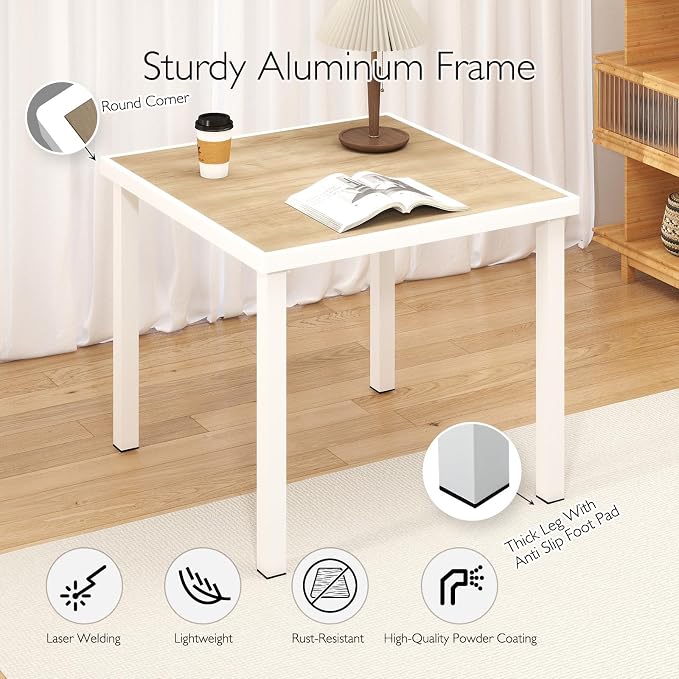 Aluminum Outdoor Anti-Corrosion Wood-Plastic Dining Table -All-Weather Exposed Square Table Waterproof and Rust-Proof Courtyard-Style Coffee Table Garden/Balcony/Poolside, White 1 Pcs