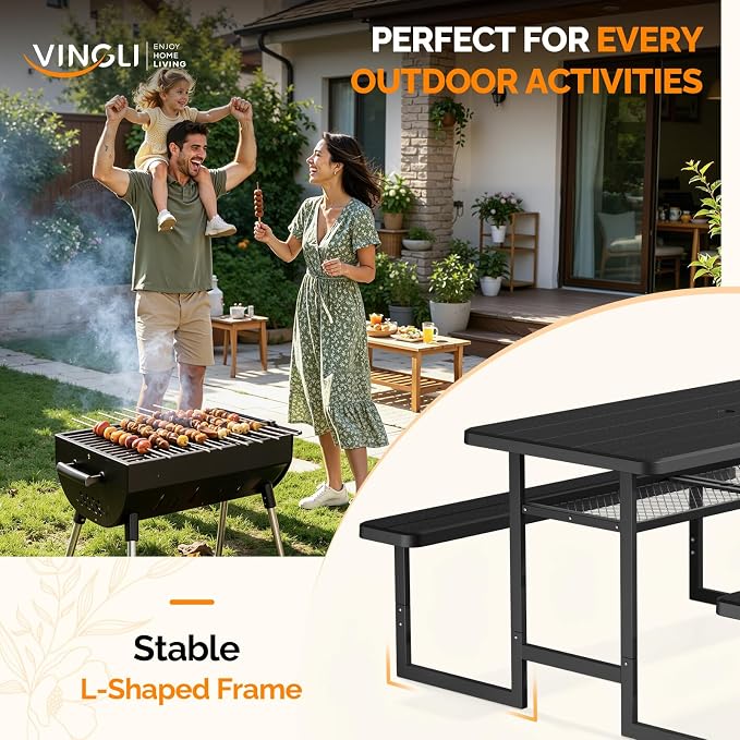 VINGLI Outdoor Picnic Table with Storage Shelf & Umbrella Hole, 4.5FT All Weather Metal Frame HDPE Tabletop Plastic Picnic Table for Dining Party Garden(Black)