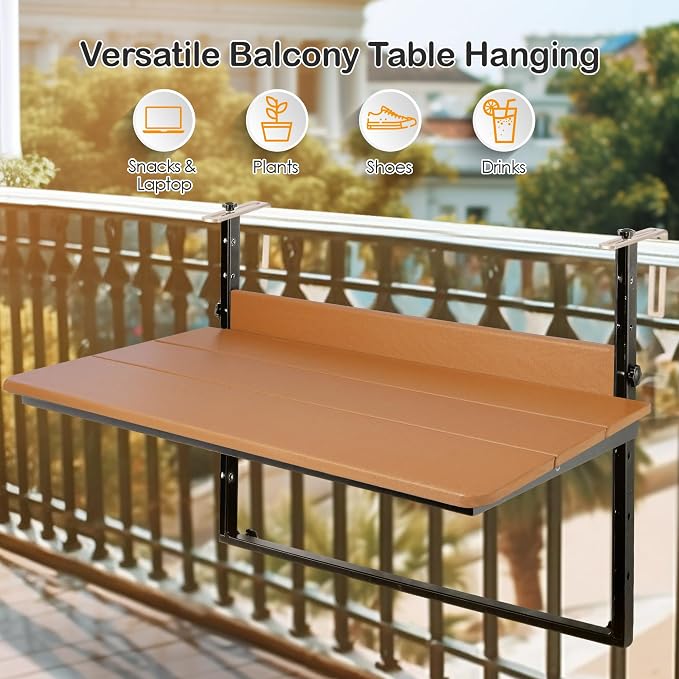 Balcony Railing Hanging Table Outdoor Folding Balcony Bar Table for Railings, Fit Railings 1" to 5.5", Adjustable Height Deck Railing Table for Garden Patio, 39.3" x 15.0", Teak