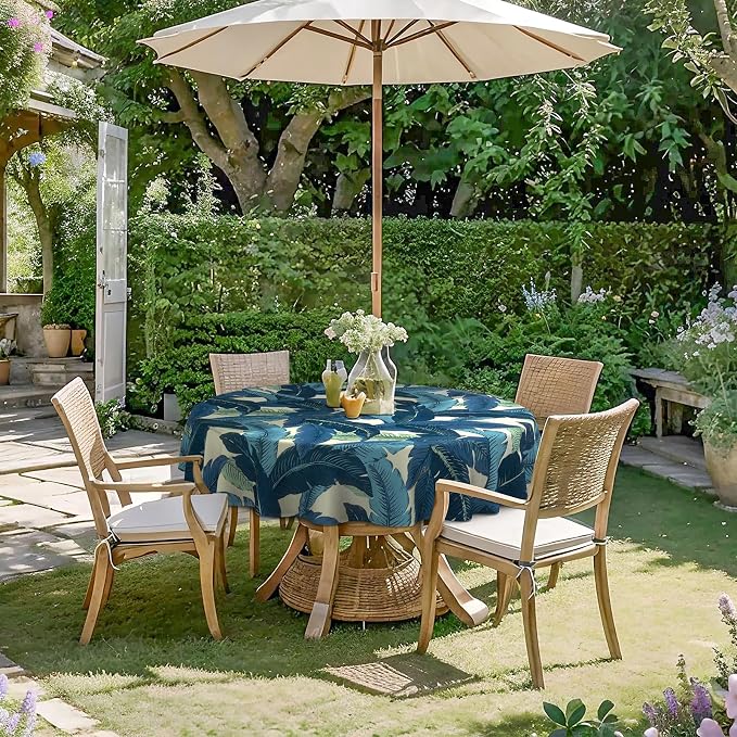DYTXIII Outdoor Round Tablecloth with Umbrella Hole 60 Inch, Water Repellent & Fade Resistant Table Cover, All Weather Outdoor Tablecloth for Garden & Party Table, Palms Blue