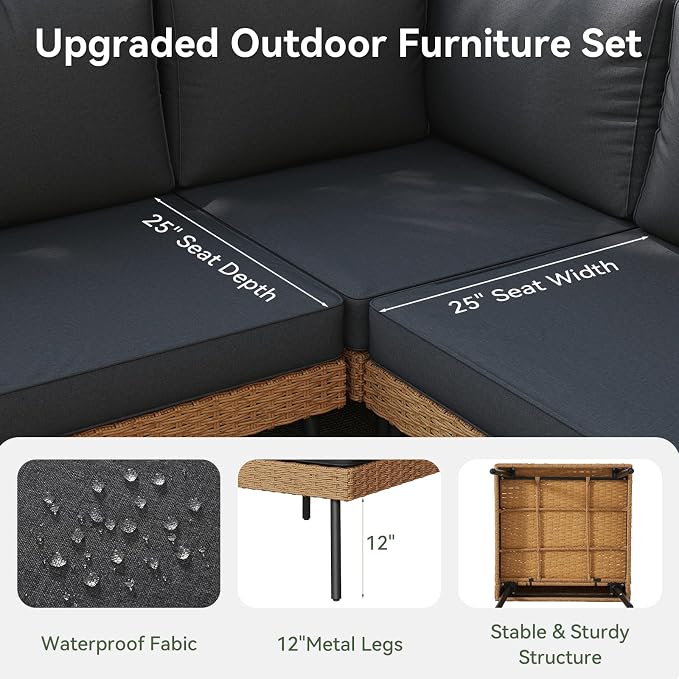 Aoxun Patio Furniture Set, 5 Piece Outdoor Sectional Sofas with Thick Cushion, Wicker Outdoor Patio Furniture Set with Coffee Table for Party, Garden, Backyard, Black