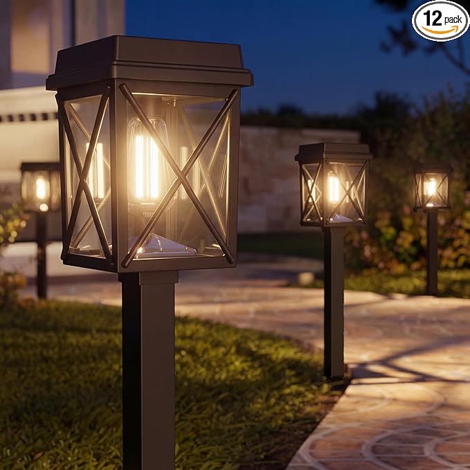 XMCOSY+ 12 Pack Solar Pathway Lights, 50LM Garden Lights Solar Powered | Long lasting, outdoor solar lights for yard, backyard, driveway, walkway, landscape, path, dusk to dawn (warm/cool white)