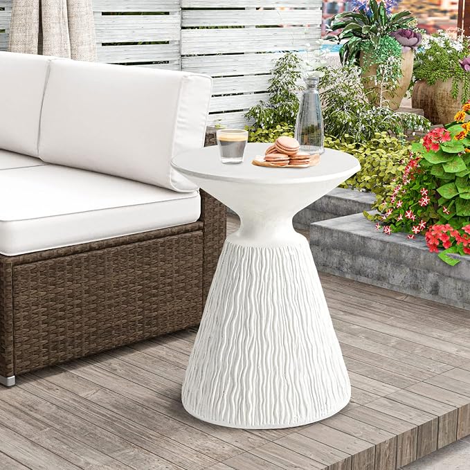 HOMPUS Round Outdoor Side Table, Mushroom MgO Samll Concrete Accent Table, Lightweight Patio End Table, Plant Stand for Paito, Outside, White