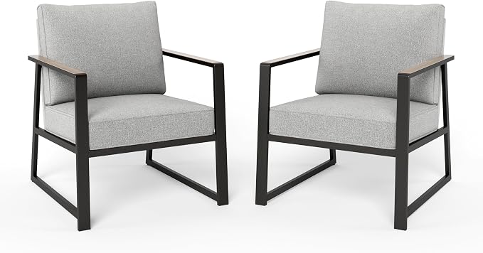 PHI VILLA Patio Furniture Metal Armchair,2 PCS All-Weather Outdoor Contemporary Sofa Chair,Black Frame with Textilene Cushion（Backyard ICON Collection）