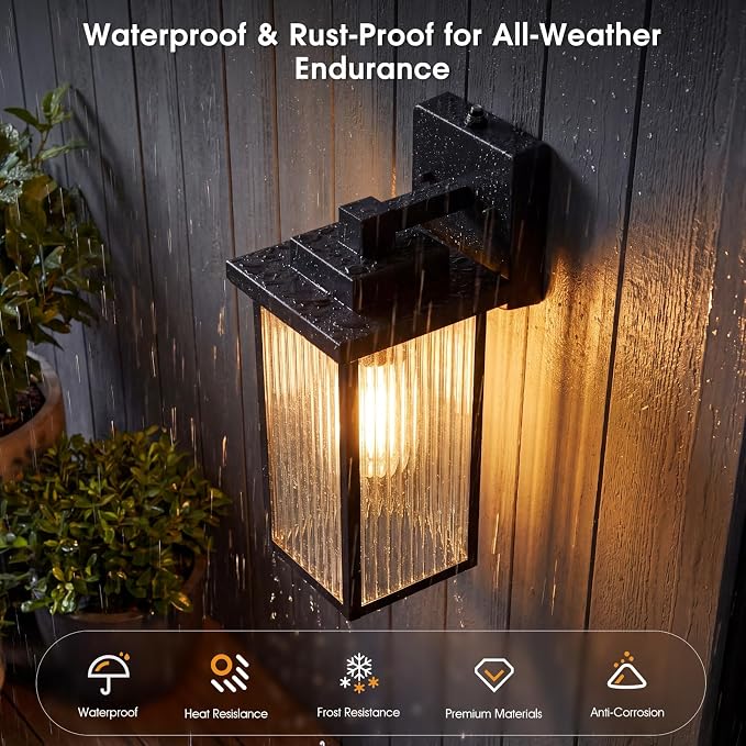 15-Inch Dusk to Dawn Outdoor Wall Light, Matte Black All-Metal Frame | Auto On at Dusk, Off at Dawn. Tempered Glass. Waterproof Rust-Resistant Metal. Pre-Assembled DIY Install on Porch, Garage