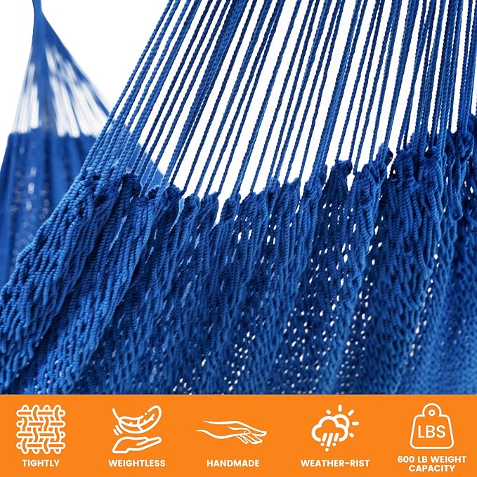 Lazy Daze Hammocks Handwoven XL Mayan Hammock, 10.5 FT Soft Rope Double Hammocks, Portable Outdoor Hammock with Carry Bag, 2 Straps & Carabiners for Patio Outside, 550 lbs Weight Capacity, Blue