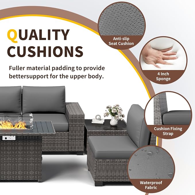 Patio Furniture with Fire Pit Table,8‘’ Wide armrest Outdoor Sectional Rattan Sofa Set, Wicker Patio Furniture Sets w/Coffee Table,Thick Cushions and Cover for Porch,Deck, 9PC (Grey&Grey)