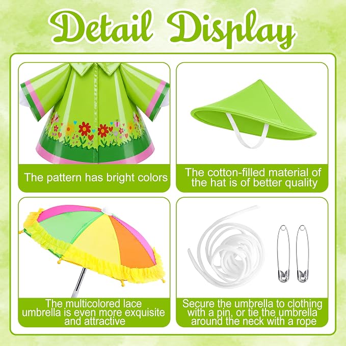 DECOHS 3 Pcs/Set Raincoat Porch Goose Outfits, Summer Lawn Goose Statue Costume with Rainbow Umbrella and Hat, Yard Geese Clothes for 23" Statue Patio Garden Decoration (Fresh Green)