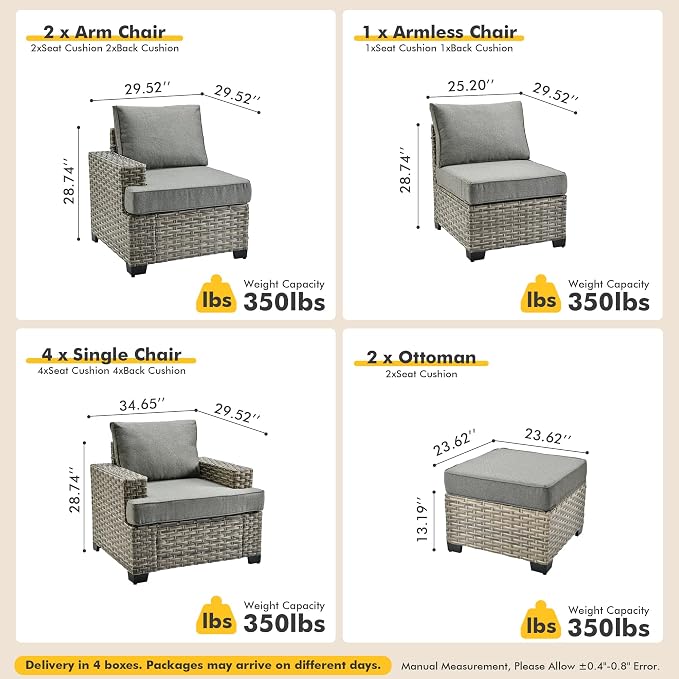 9 Pcs Outdoor Sectional Patio Furniture Set with Ottomans - All Weather Wicker Modular Outside Sectional Couch,Patio Seating Outdoor Conversation Sets for Deck Yard Garden,Dark Grey
