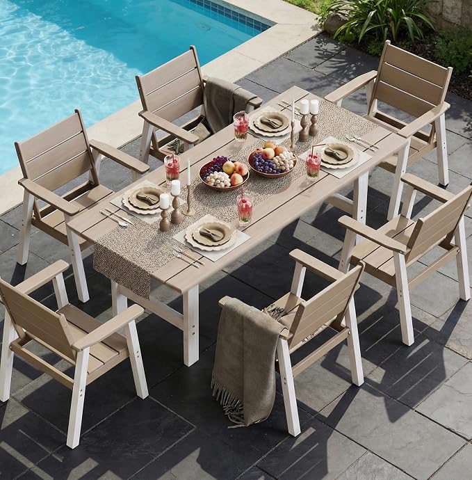 Outdoor Dining Set,7-Piece Patio Table and Chairs Set for 6, HDPE Outdoor Dining Table and Chairs with Umbrella Hole, All-Weather Patio Dining Furniture Set,White Brown