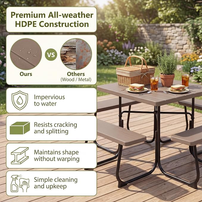 GYMAX Picnic Table Bench with Umbrella Hole, 8 Person Square Outdoor Picnic Table with Metal Frame & HDPE Tabletop, Camping Table for BBQ Yard Patio, 2300LBS Capacity (Coffee)