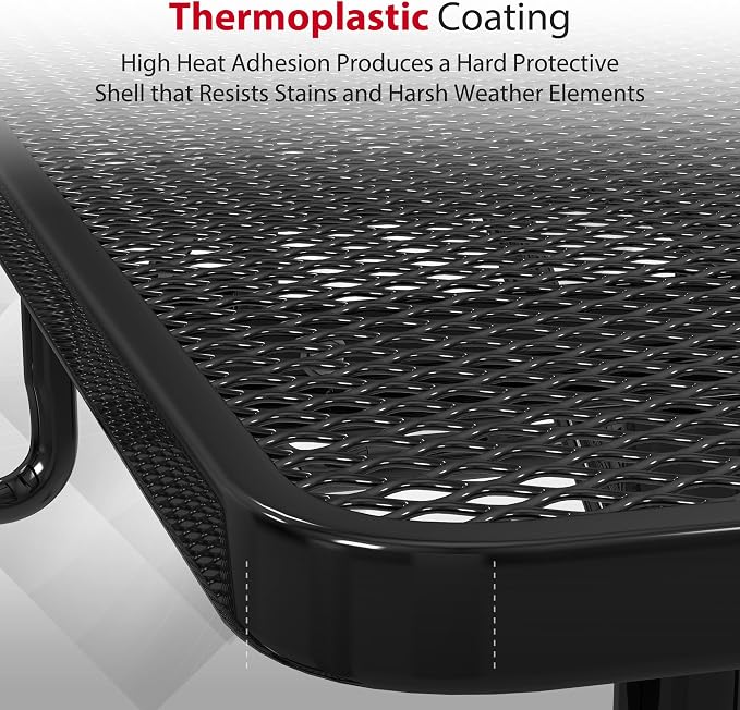 Leisure Craft Metal Picnic Table with Bench - 8 ft Rectangle Outdoor Dining Table for 8, Umbrella Hole, Weatherproof Heavy Duty Thermoplastic Coating, Commercial Grade Furniture Made in USA - Black