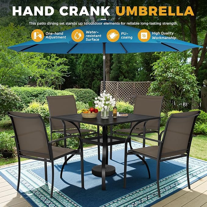 Incbruce 6 Pieces Patio Dining Set with Sky Blue Umbrella, Outdoor Dining Set of 4 Textilene Chairs and Square Table with Umbrella Hole for Backyard, Garden, and Poolside (Brown)