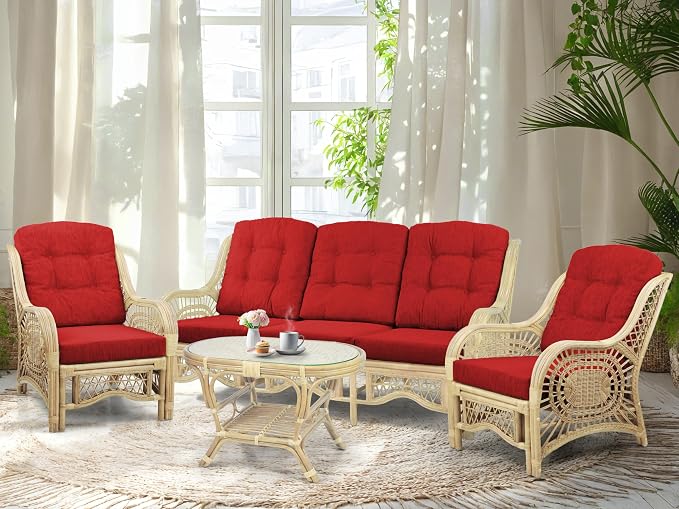 Malibu Lounge Set of 4: 2 Natural Rattan Wicker Chairs, Three-Seater Sofa with Cushions and Coffee Table with Glass Handmade, Natural Color
