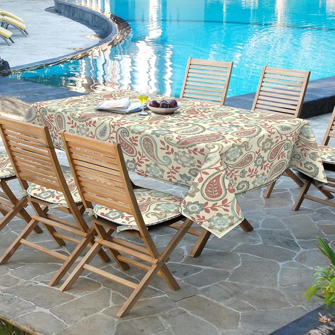 DYTXIII Outdoor Rectangle Tablecloth with Umbrella Hole and Zipper 84" x 60", Water Repellent Floral Picnic Cover, Fade & Wrinkle Resistant Tablecloth for Patio/Garden/Party Table, Paisley Vintage