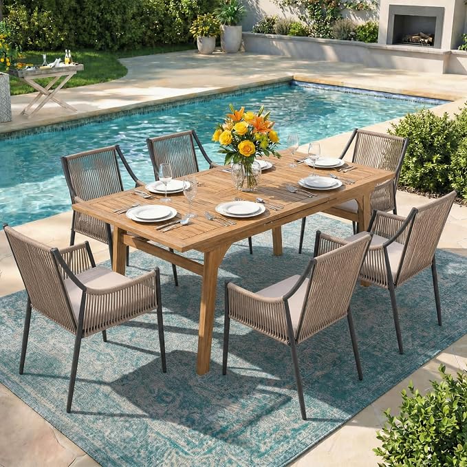 Patiorama 7-Piece Outdoor Dining Set, Patio Wicker Dining Table Chair Set with 55"-71" Acacia Wood Expandable Table & Embossed Rattan Wicker Rope Chairs, Dining Table Chair Set for Yard Garden, Beige