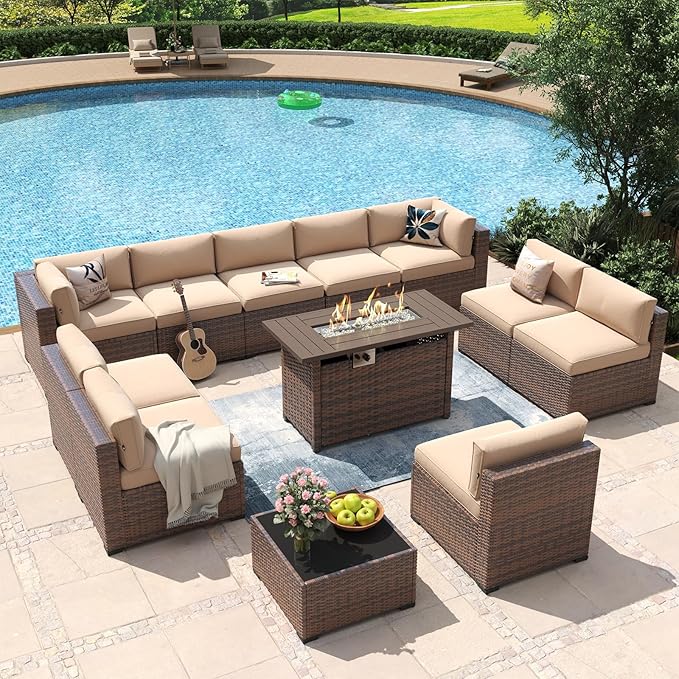 Aoxun 12 Piece Patio Furniture Set with 44” Fire Pit Table Wicker Rattan Outdoor Sectional Sofa Set with Coffee Table and Thickened Cushions, Beige