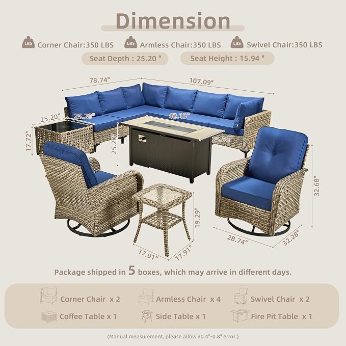 CAODOC 11-Piece Outdoor Sectional Sofa Set w/ 54" Fire Pit – L-Shaped Wicker Patio Furniture, Deep Seating & Swivel Rockers,Blue