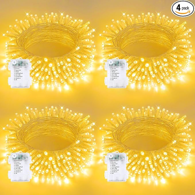 4 Pack 200 LED Battery Operated String Lights, 8 Modes Twinkle Fairy Lights | 66FT Warm White Christmas Lights Indoor Outdoor, Waterproof Battery Lights for Bedroom Party Porch Tree Holiday Decorations