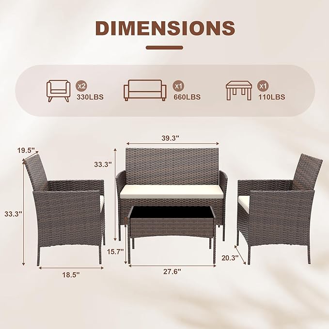 GAOMON 4-Piece Outdoor Conversation Set, PE Rattan Wicker Patio Furniture Set with Cushions, Loveseat and 2 Armchairs, Tempered Glass Coffee Table, Gray