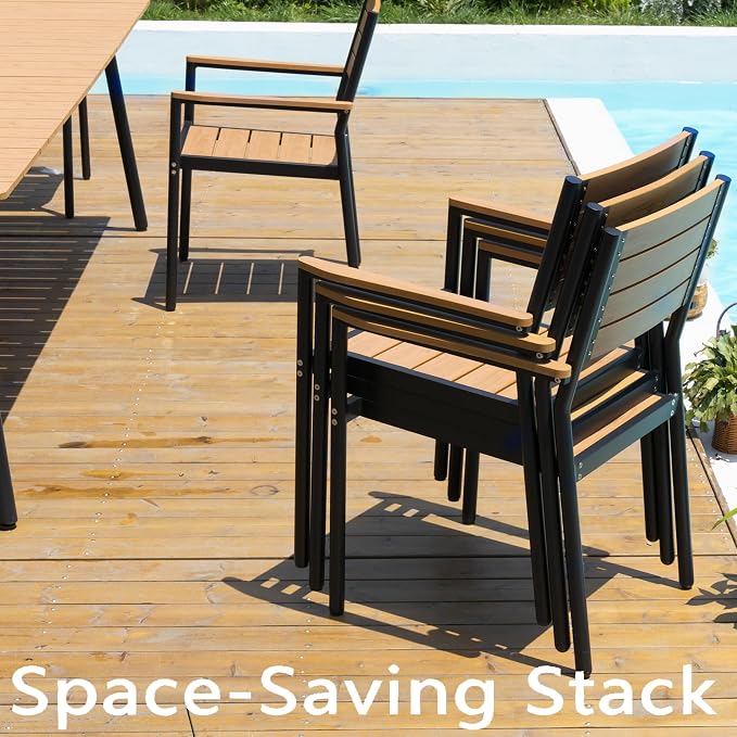 11-Piece Outdoor Dining Set for 10 Person with Teak Wood-Grain Top | Armrest Stackable Chairs with 19.4" Seat Depth, Aluminum Frame Dining Furniture with Umbrella Hole for Deck, Porch & Backyard