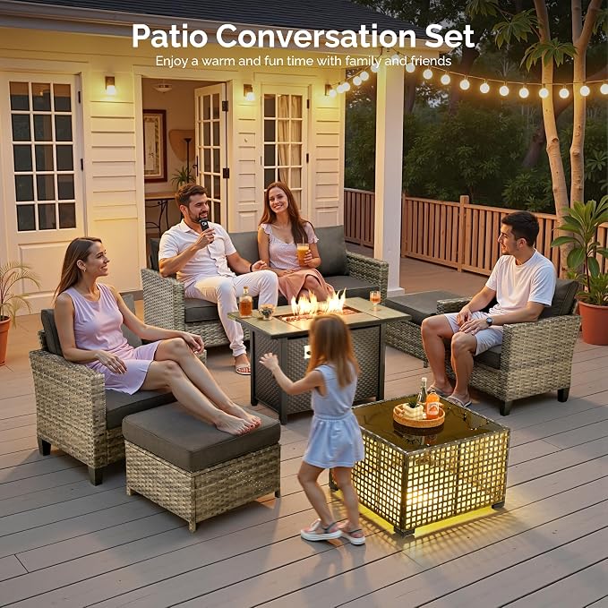 7 Piece Wicker Patio Furniture Set with Firepit Table, Black | Outdoor Deep Seating Sofa Chair Ottoman, Firepit, Solar Lights Table, Modern Conversation Set, Porch Deck Backyard