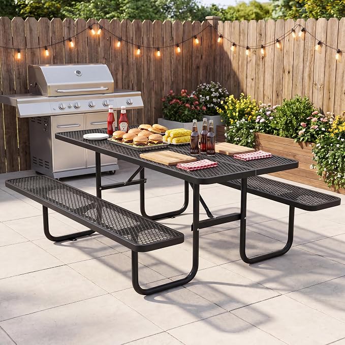 72" Outdoor Rectangular Picnic Table with Umbrella Hole, Heavy Duty Commercial Grade Steel Camping Table for Backyard Patio Deck, Weather-Resistant Black Metal Mesh