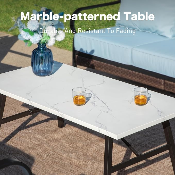 SUNSHINE VALLEY 5-Piece Metal Outdoor Patio Furniture Set - 1 3-Seater & 2-Seater Sofa, 2 Fixed Chairs with 5.75" Thick Cushion & Coffee Table - Black & Blue