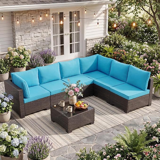 ANJ 7 Piece Outdoor Wicker Patio Furniture Set, Modular Loveseat Sofa with with Glass Top Coffee Table, All-Weather Rattan Conversation Couch Set for Balcony, Backyard, Dark Brown Wicker-Turquoise
