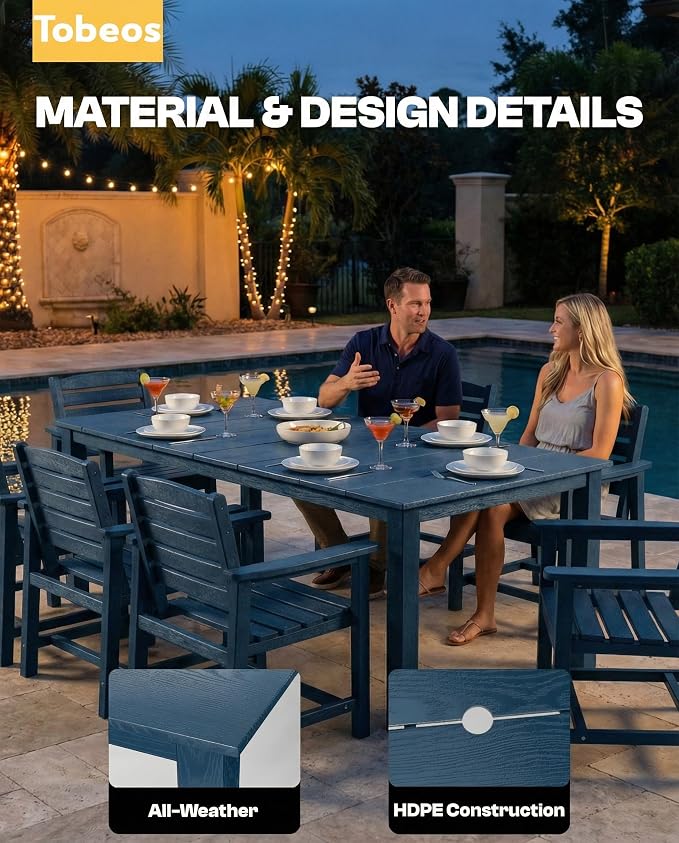 9-Pc Outdoor Dining Set, 10x10FT Cantilever Umbrella for 8,Navy Blue | HDPE table, chairs included, aluminum frame, weather-resistant furniture, perfect for yard, lawn, garden, deck