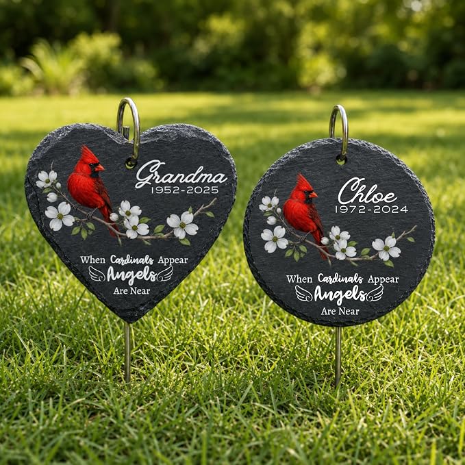 Memorial Garden Stones for Loved Ones, Red Cardinal Garden Stones in Memory of Dad Mom, Bereavement Sympathy Gift for Loss, Weatherproof Outdoor Memorial Plaque Stone, Remembrance Natural Stone