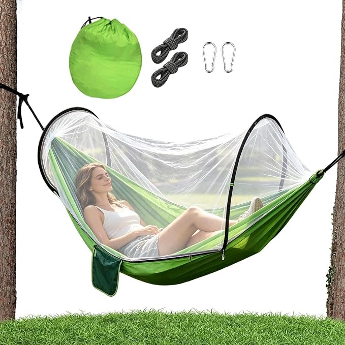 Heavy Duty Hammock with Mosquito Net–Canvas Hammock, Fade-Resistant Cotton Lounger, Roll-Free Comfort Design, Easy Setup for Backyard, Porch, Garden, Camping, Travel (Light Green)