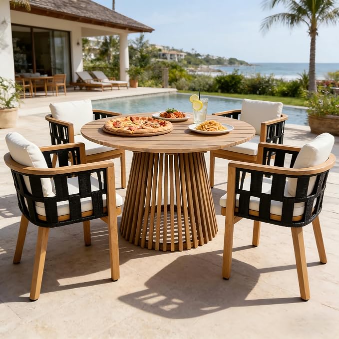 Acacia Wood Round Dining Set - Light Teak Finish Table with Pedestal Slat Legs + 4 Chairs, for Outdoor Patio, Garden, Poolside, Indoor Use - Set of 5, Modern Coastal Style (Style1)
