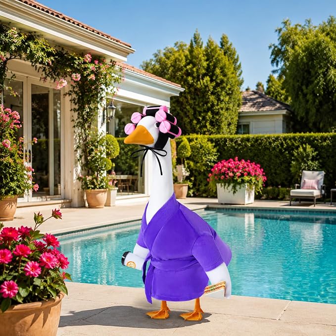 Lady Porch Goose Bathrobe Outfits Fits 23" Concrete Goose Statue | Funny Winter Porch Goose Outfit Old Lady Geese Costume with Curlers Coffee Cup for Outdoor Yard Garden Patio Decor(Violet)