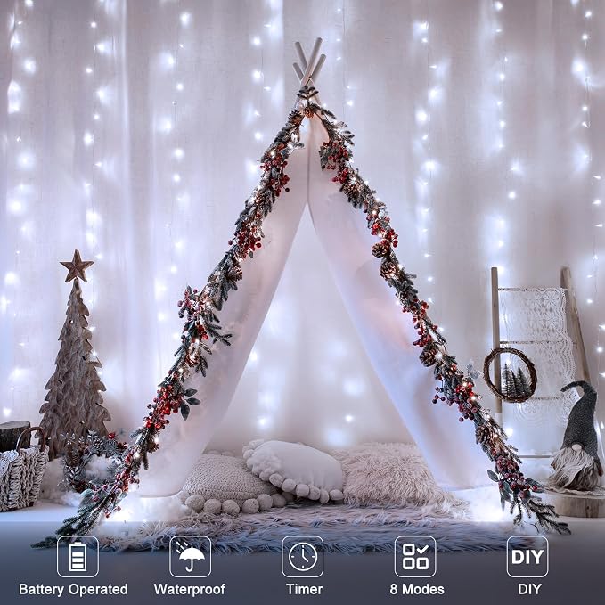 echosari 9.8Ft×9.8ft Curtain Lights Battery Operated with Remote Cool White | 300 LED Hanging Light Timer Fairy Curtain Lights for Bedroom Patio Wedding Backdrop Party Decór